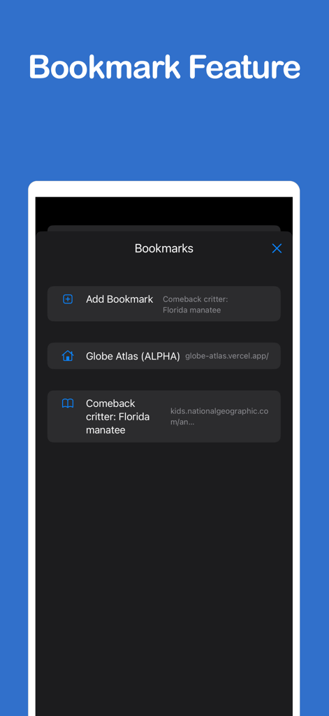Lesezeichenverwaltungs-Oberfläche im Kinder Browser, die gespeicherte Bildungswebseiten für Kinder anzeigt
