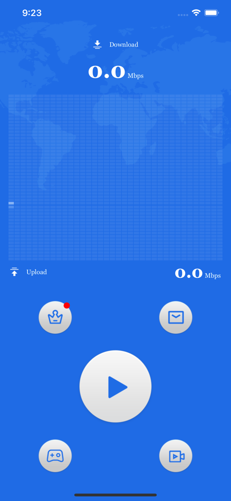 青い背景に大きな接続ボタンがあり、ダウンロードとアップロードの速度を示すVPN Connectアプリのインターフェイス