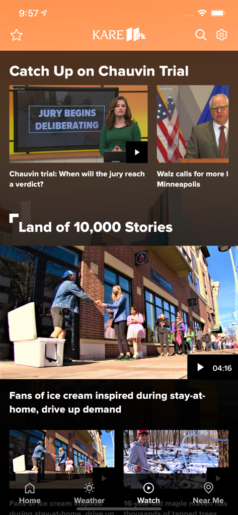 The home screen of the KARE 11 news app displaying local Minneapolis news and community stories.