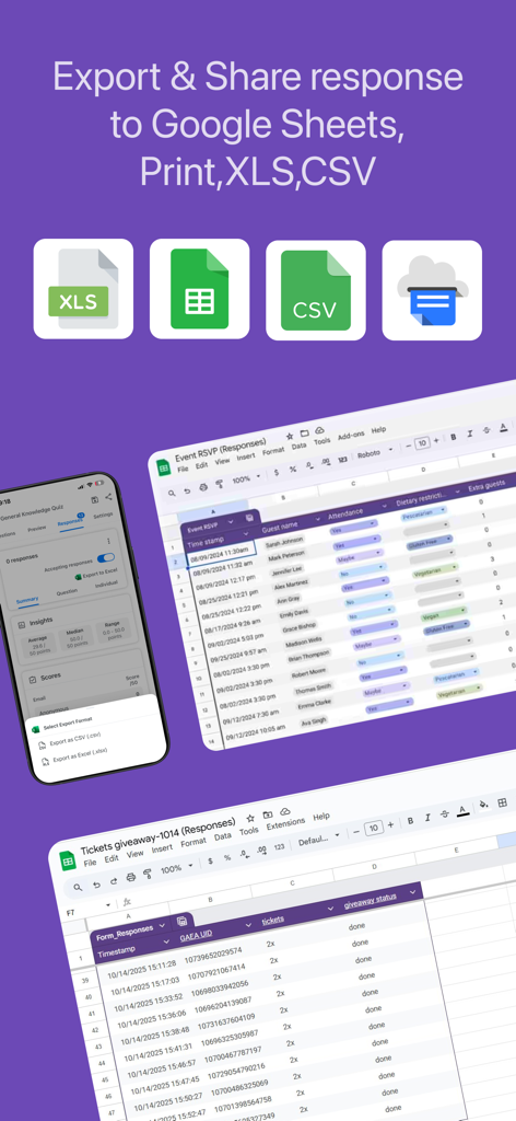 Forms for Google Doc - Interfaccia dell'app Forms per Google Doc che mostra opzioni per esportare le risposte del sondaggio in formato Google Sheets, Excel e CSV.