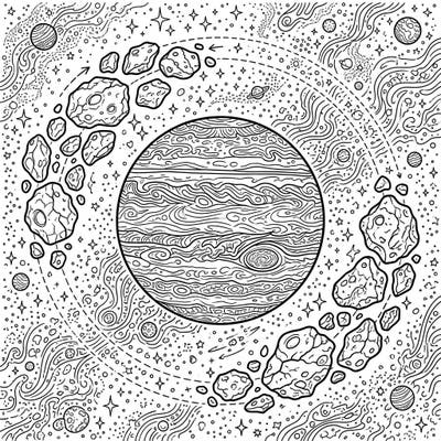 Embark on an epic cosmic adventure with this intricate Jupiter Trojan Asteroids coloring page. Discover the fascinating celestial dance of these asteroids as they orbit the giant planet, offering a truly engaging and educational coloring experience.