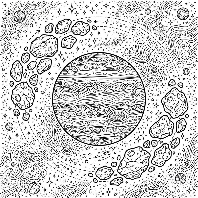 Embark on an epic cosmic adventure with this intricate Jupiter Trojan Asteroids coloring page. Discover the fascinating celestial dance of these asteroids as they orbit the giant planet, offering a truly engaging and educational coloring experience.