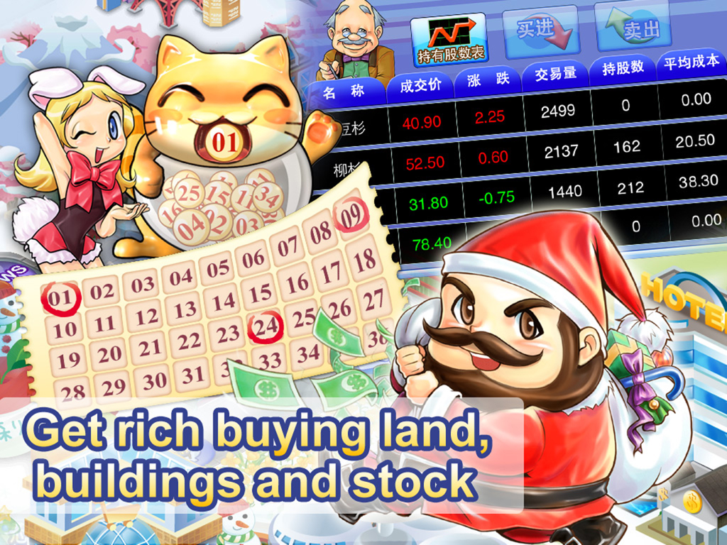 Gameplay screenshot of Richman 4 Fun HD featuring a stock market dashboard, bingo card, and cartoon characters.