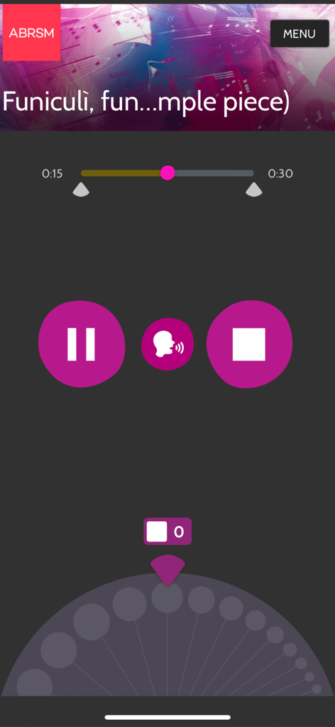 ABRSM Singing Practice Partner - Playback interface of the ABRSM Singing Practice Partner app with music controls and tempo adjustment