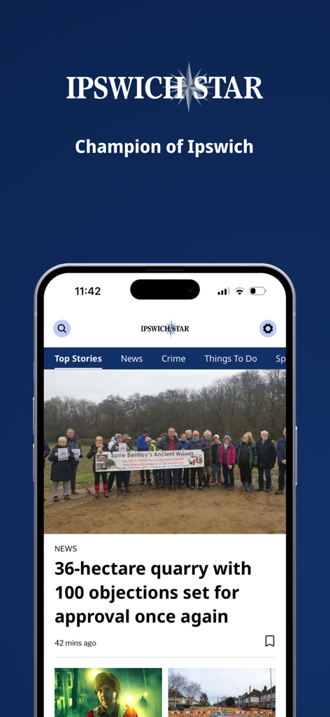 Ipswich Star - Ipswich Star mobile app screen with local news headlines and community protest story