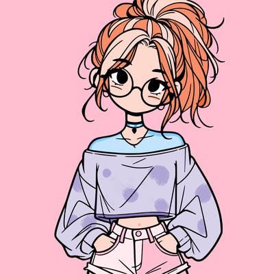 girl with a messy ponytail glasses a baggy crop top and jean shorts