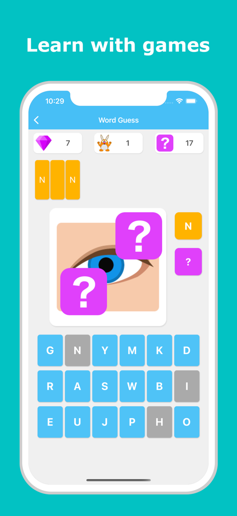 Learn Korean LuvLingua app showing a word guess game with an eye image and letter tiles