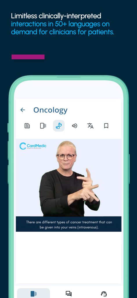 CardMedic - CardMedic app interface showing a sign language video for cancer treatment explanation