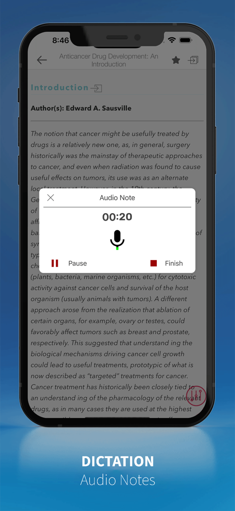 Cancer Pharmacology Manual - Una pantalla móvil que muestra la función de dictado y notas de audio en la aplicación Manual de Farmacología Oncológica