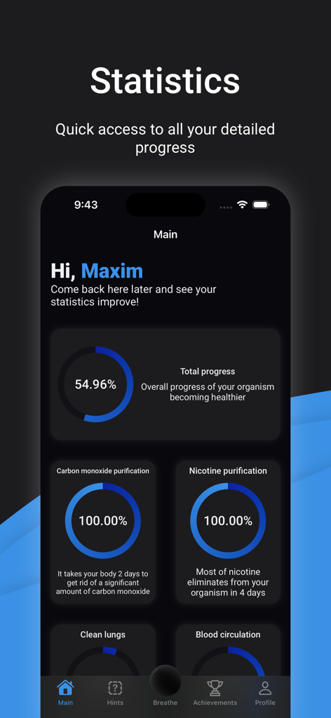Écran des statistiques de l'application Je ne fume plus montrant la progression de la récupération de la santé et la détoxification de la nicotine.