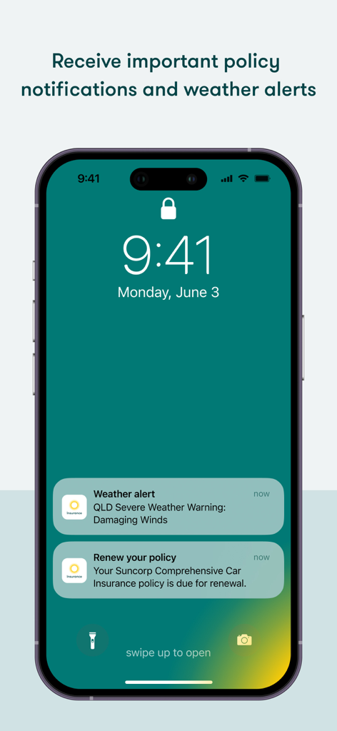 Suncorp Insurance App - Pantalla de bloqueo de la App Suncorp Insurance mostrando alertas meteorológicas y notificaciones de renovación de póliza en un smartphone.