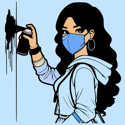realistic girl with mask spray painting a wall