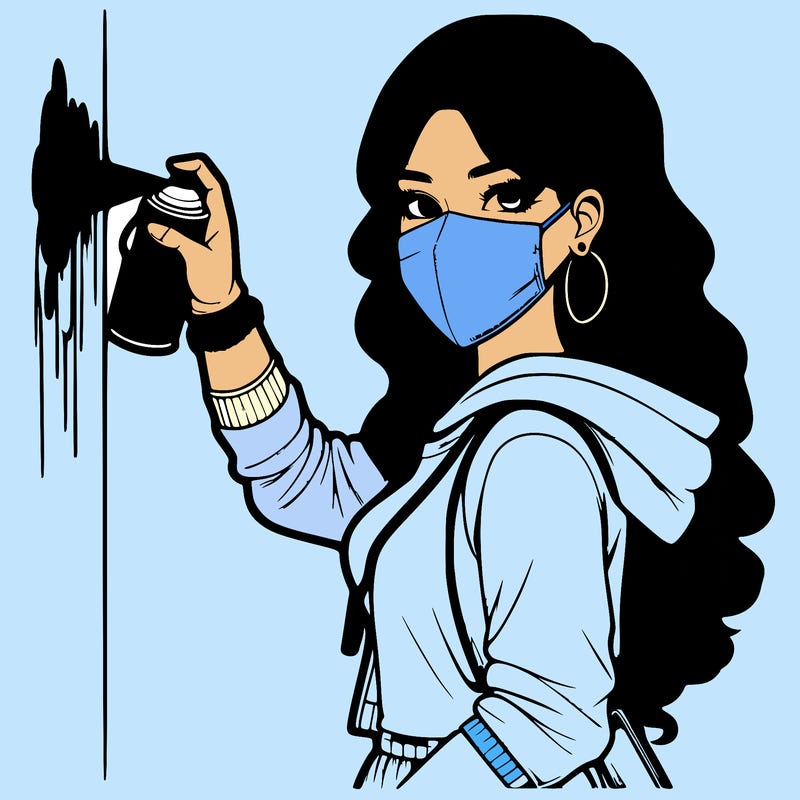 realistic girl with mask spray painting a wall