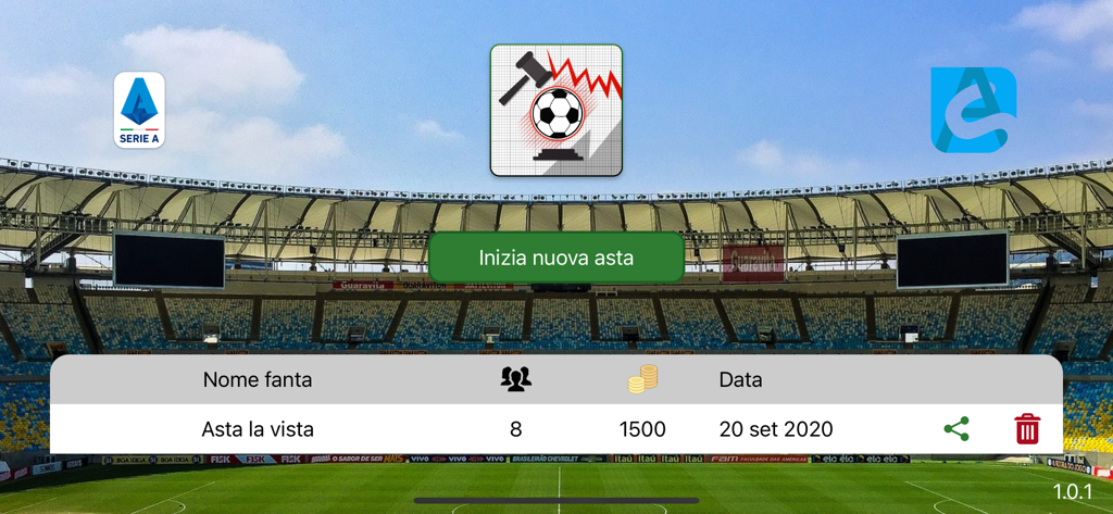 Fanta Aste - Home screen of the Fanta Aste app showing a start auction button and a list of existing fantasy leagues over a stadium background.