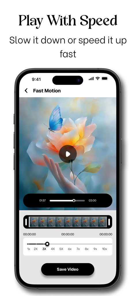 Kapwing ~ Video Editor - An iPhone screen displaying the Kapwing app's Fast Motion tool with a speed slider adjusted to 3x for a video of a butterfly on a flower.