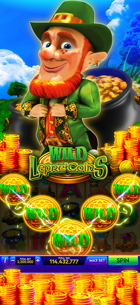 Capture d'écran du jeu de la machine à sous Wild LepreCoins dans l'application Lightning Link Casino avec un personnage de leprechaun et des tas de pièces d'or