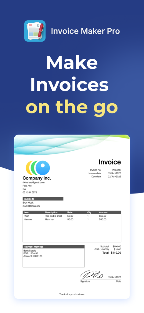 Professional invoice template displayed on a mobile screen with the slogan Make Invoices on the go