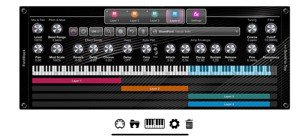 FontStack - Interface of FontStack app showing four layered soundfonts with keyboard split ranges and audio control knobs