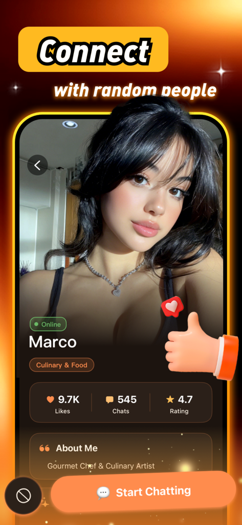 Vexol - Vexol app screenshot displaying a profile of an AI companion named Marco with culinary interests and a start chatting button.
