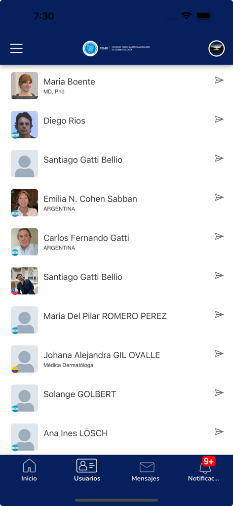 CILAD App - CILAD app member directory showing a list of professional dermatologists with their names and countries