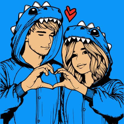 realistic couple wearing matching dinosaur onesies with heart hand gesture