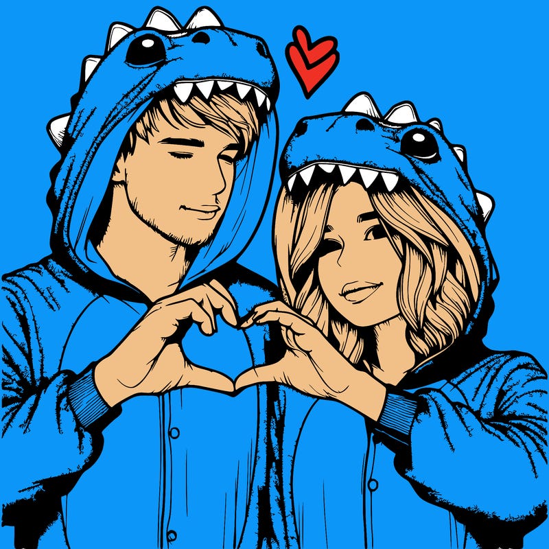 realistic couple wearing matching dinosaur onesies with heart hand gesture