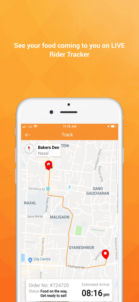 Bhojdeals (Now Bhoj) - Bhoj app live rider tracking map showing food delivery status