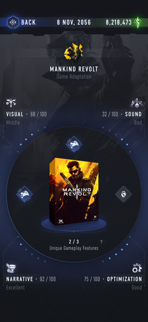 The Artman - A game adaptation review screen for Mankind Revolt in The Artman showing ratings for visuals sound narrative and optimization