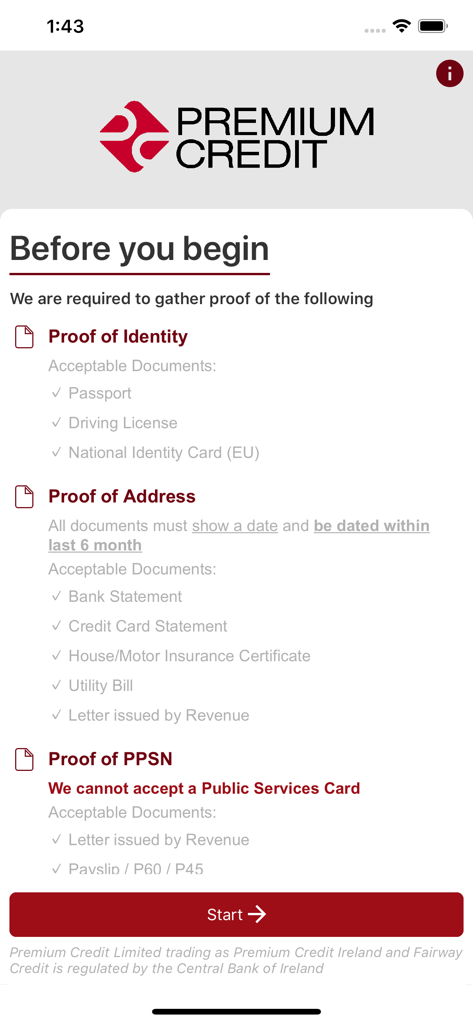 Premium Credit - eJourney - Premium Credit eJourney app screen showing required identity address and PPSN documents to begin the loan application process