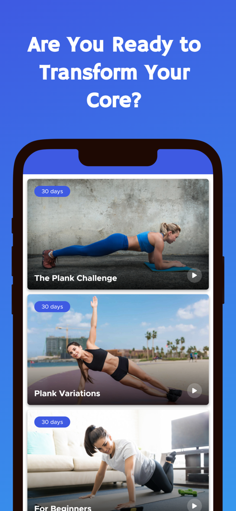 Bildschirm der App „Die 30-Tage-Plank-Challenge“ mit Rumpf-Transformations-Workouts