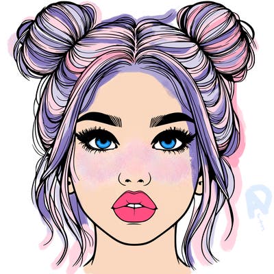 realistic girl with two buns on her hair and lips