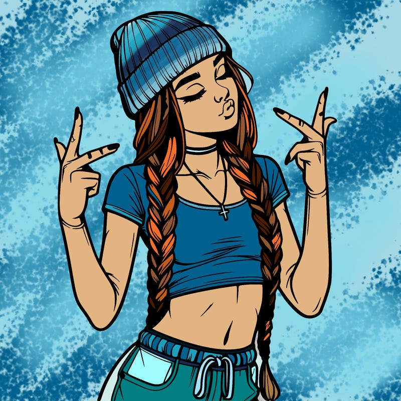 realistic teenage girl with braids and a beanie and crop top doing 🫶🏼