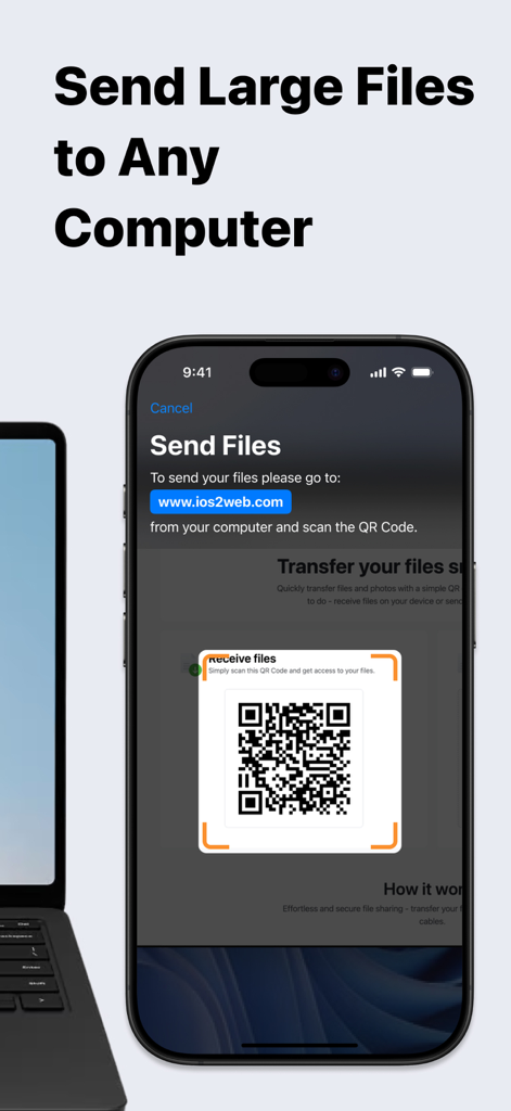 近くのラップトップへのファイル転送のためにQRコードをスキャンしているData Dropアプリを示すiPhone画面。