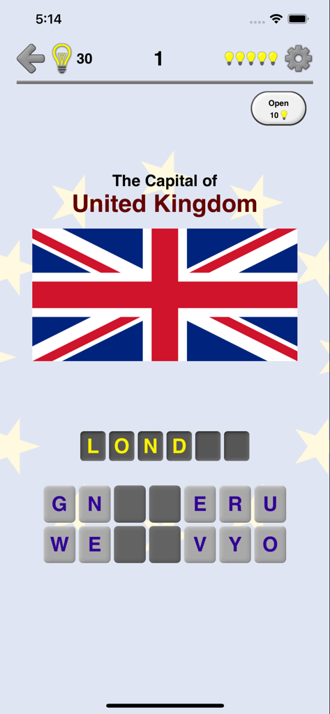 European Countries - Maps Quiz - Pantalla de juego de ortografía en una aplicación de geografía preguntando por la capital del Reino Unido, mostrando la bandera del Union Jack.