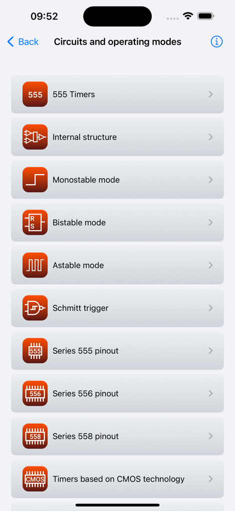 IC 555 Timer Pro circuits and operating modes menu