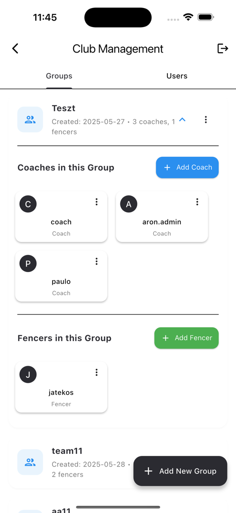 Clawer - Clawer app interface for fencing club management showing lists of coaches and fencers within a group.
