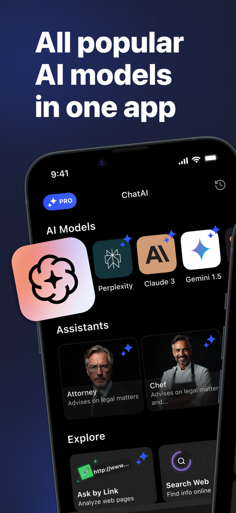 Chat AI·Question, Smart Answer - Interface of the Chat AI app showing a selection of popular AI models including Claude and Gemini alongside specialized AI assistants.