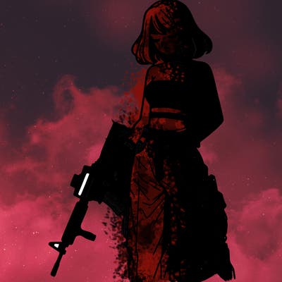 a dangerous girlcrop top and baggy jeans with a rifle in her hand