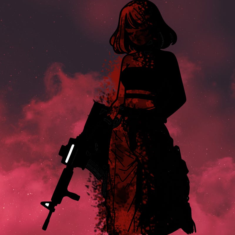 a dangerous girlcrop top and baggy jeans with a rifle in her hand