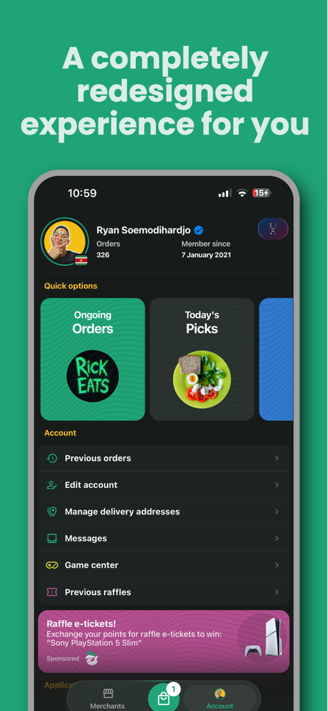 Ride Eats - User account interface of the Ride Eats app featuring profile details quick options and account settings.