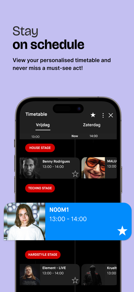 Appic - Festivals & More - A mobile screen showing a personalized festival timetable with artist set times and stage names in the Appic app.