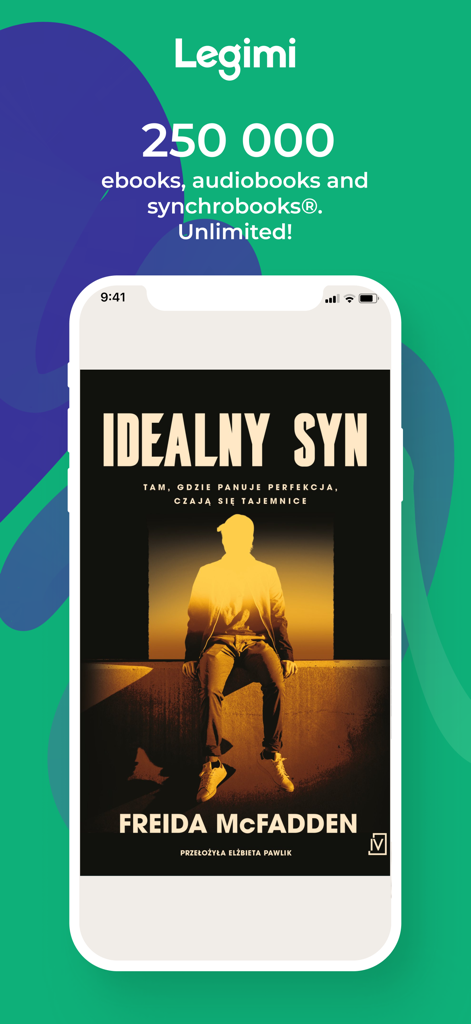 Smartphone, das die Legimi-App-Oberfläche mit einem E-Book-Cover und Abonnementdetails anzeigt