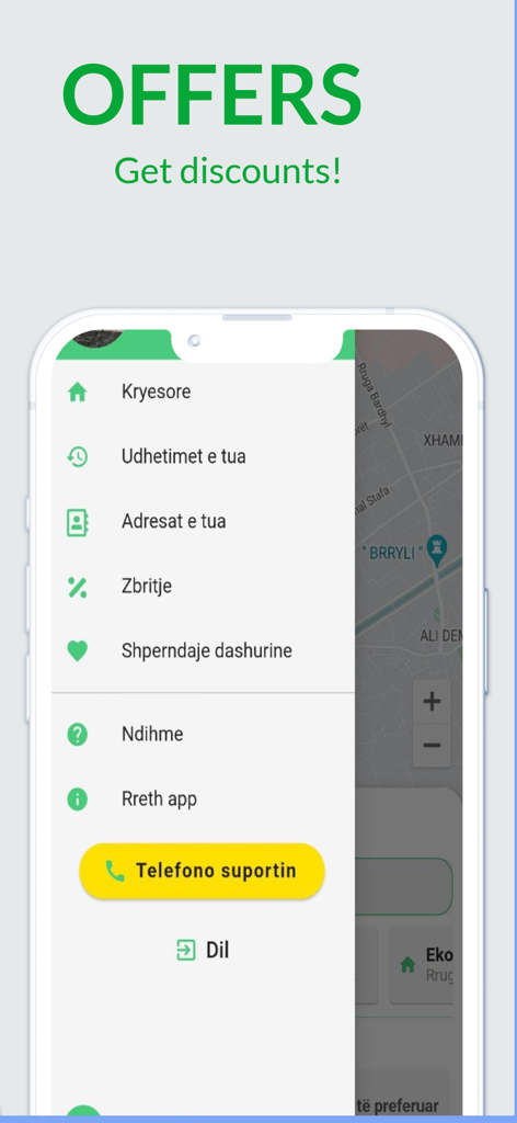 Side navigation menu of the VrapOn Taxi Albania mobile app displaying travel history and discount offers.