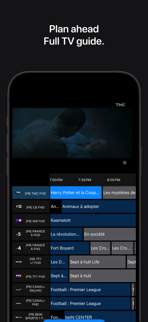 Elektronischer Programmführer (EPG) auf IPTV Plus, der TV-Kanalpläne und einen Live-Videoplayer anzeigt