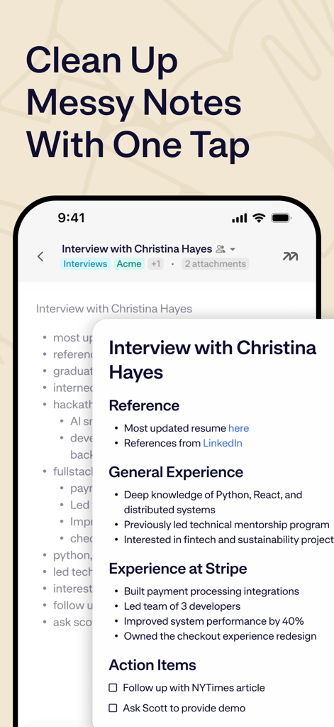 A mobile interface showing the Mem app's feature to automatically structure and clean up messy interview notes with one tap