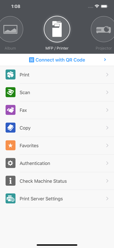 Interfaccia dell'app RICOH Smart Device Connector che mostra le opzioni per la stampa, la scansione e l'autenticazione della macchina