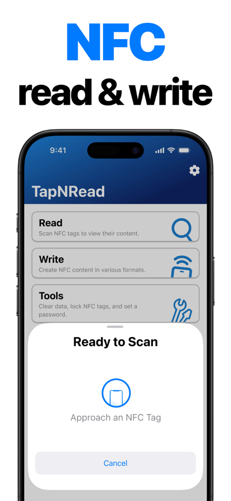 NFC Tools: Tag Reader,Writerㅤ - Pantalla de la aplicación de iPhone mostrando opciones para leer y escribir etiquetas NFC con una indicación de listo para escanear