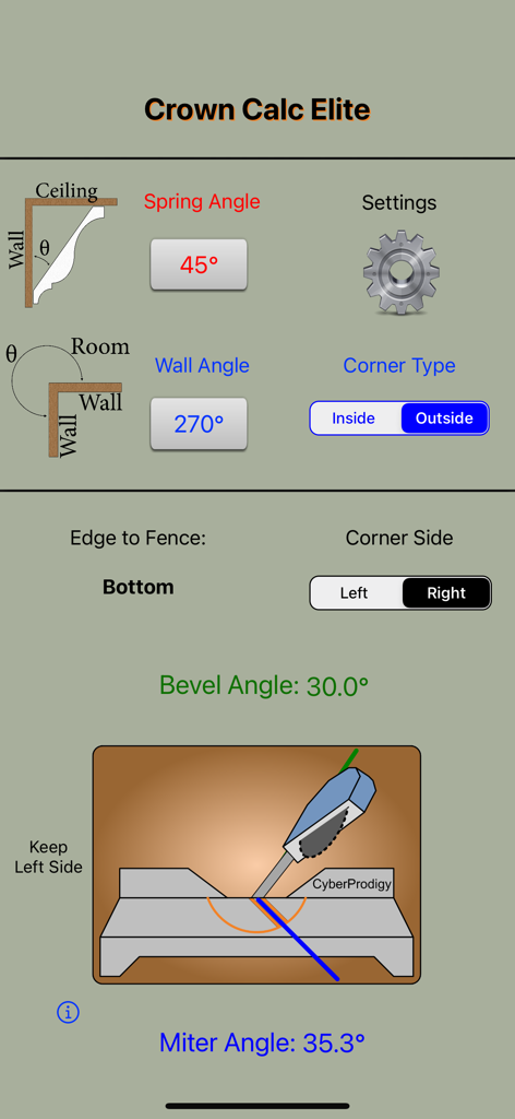 Crown Calc Elite - Crown Calc Elite app interface showing calculated miter and bevel angles for crown molding