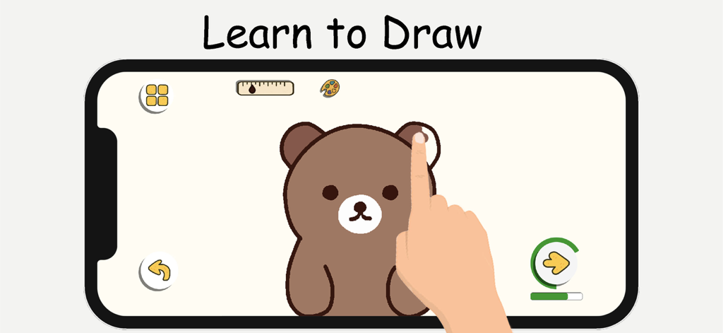 A mobile screen showing a step by step tutorial for drawing a cute brown bear in the ArtLoop app