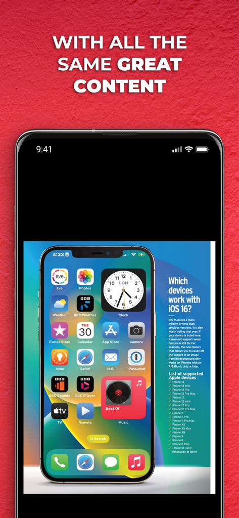 MacFormat - MacFormat magazine app screenshot showing a guide on which devices work with iOS 16